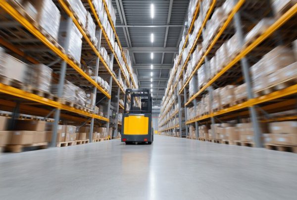 Empilhadeira movendo-se entre prateleiras altas em um armazém organizado