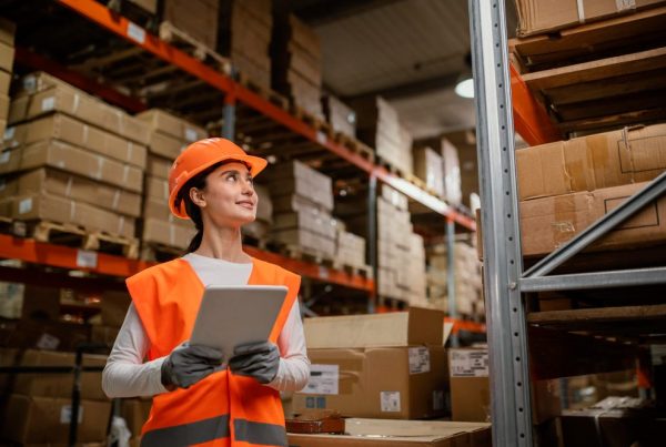 Operadora usando tablet no centro de distribuição, simbolizando processos inteligentes no futuro da logística. -