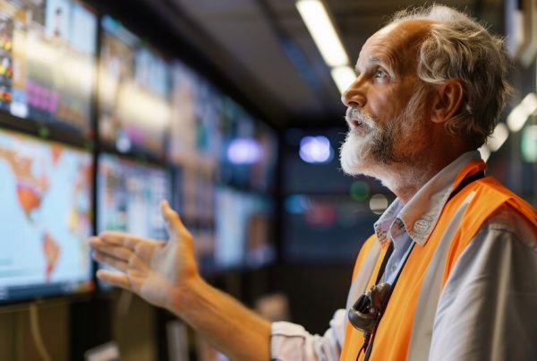 Gestor analisando dados e rotas em uma torre de controle logístico para otimização da cadeia de suprimentos.
