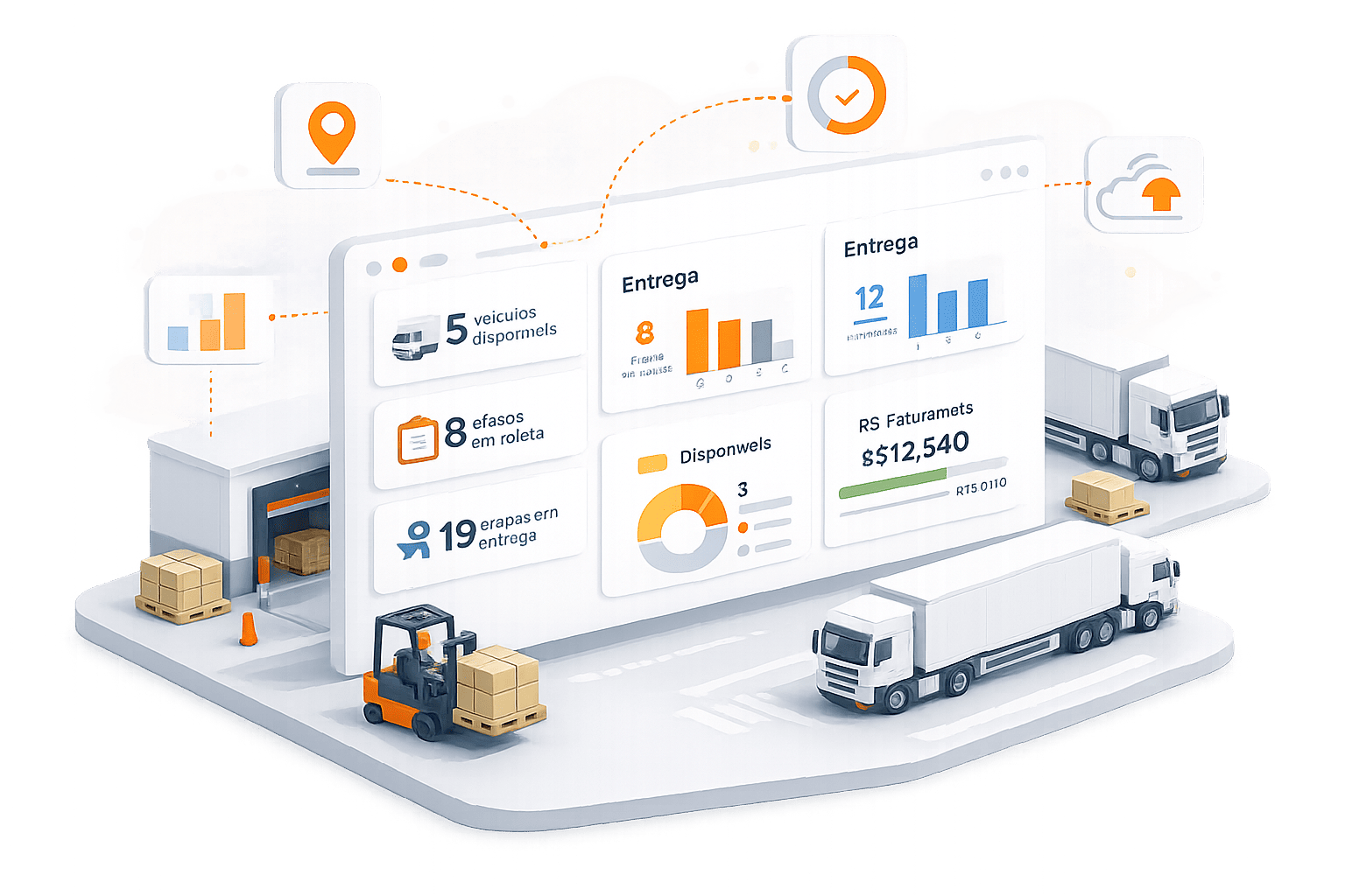 Dashboard de logística e transporte com indicadores operacionais, monitoramento de frota, entregas, faturamento e gestão de operações em tempo real.