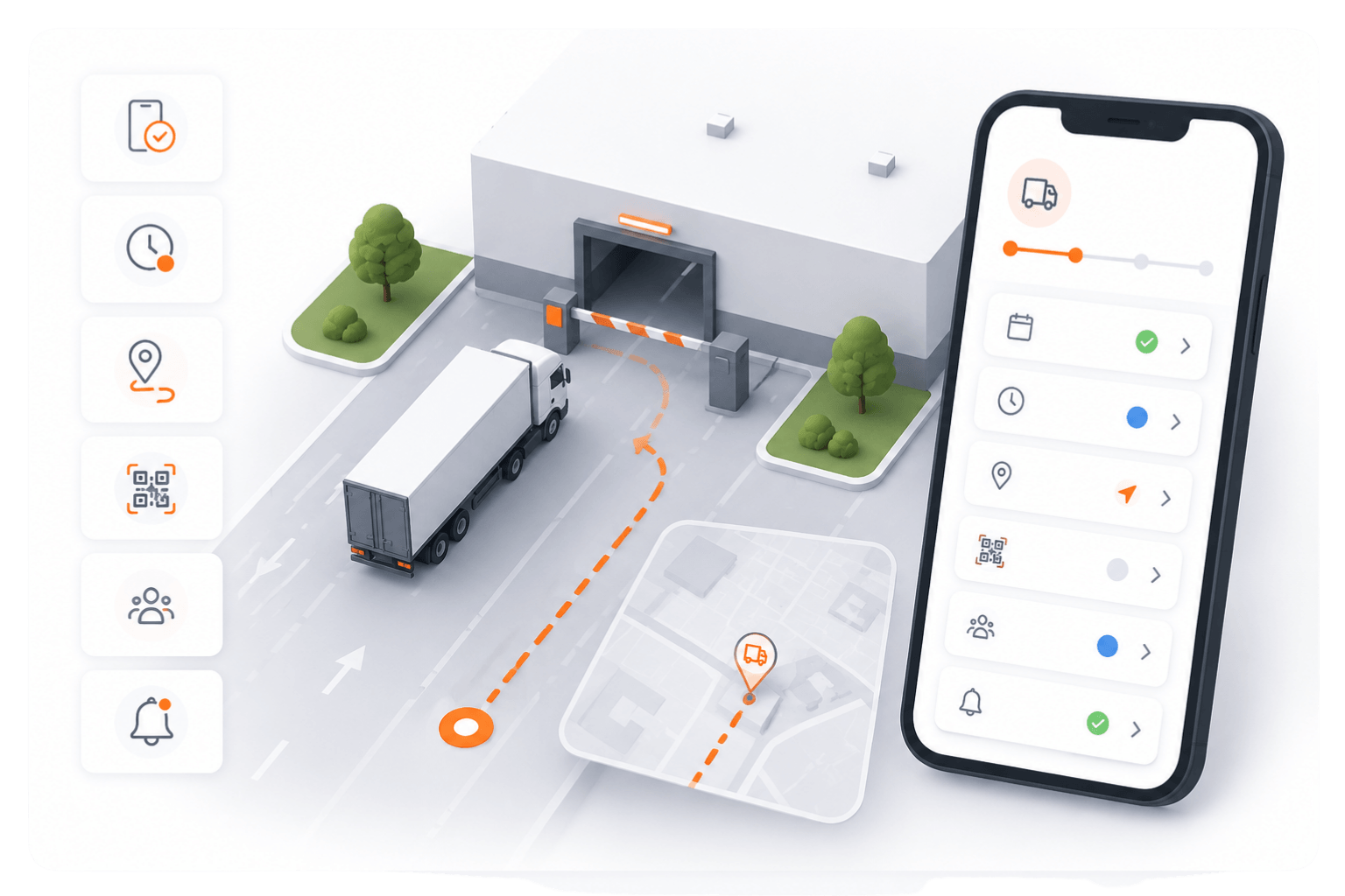 pátio com caminhões parados e um celular no lado direito