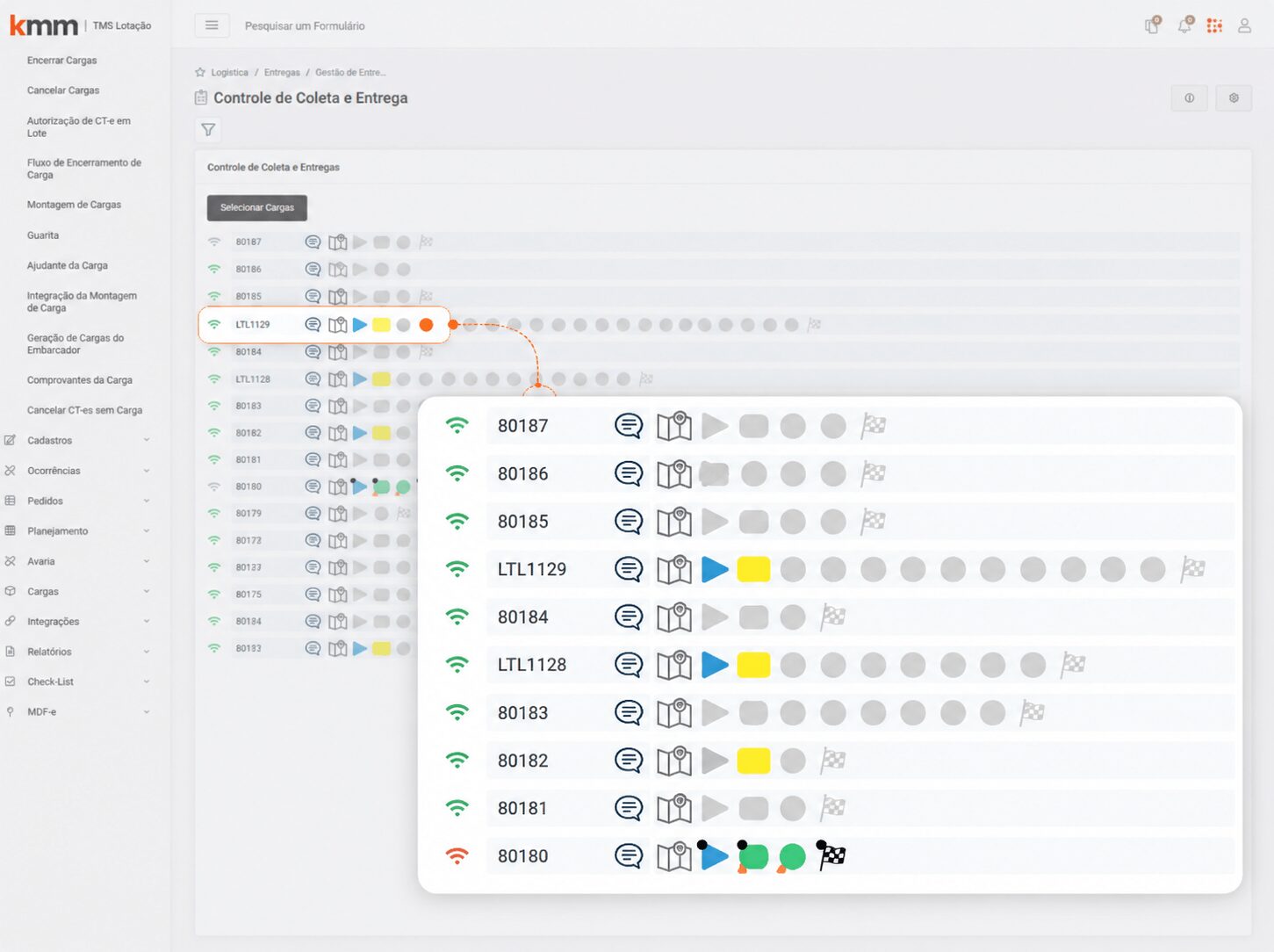 Tela do sistema KMM para configuração da estrutura de regiões operacionais e atendimento de localidades.