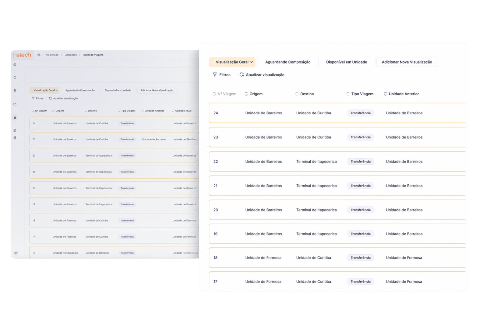Tela do sistema com visualização de transferência de cargas