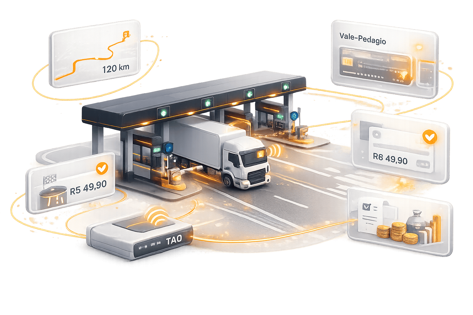 Ilustração de gestão de pedágios com caminhão, TAG eletrônica, cálculo automático de rota e vale-pedágio digital.