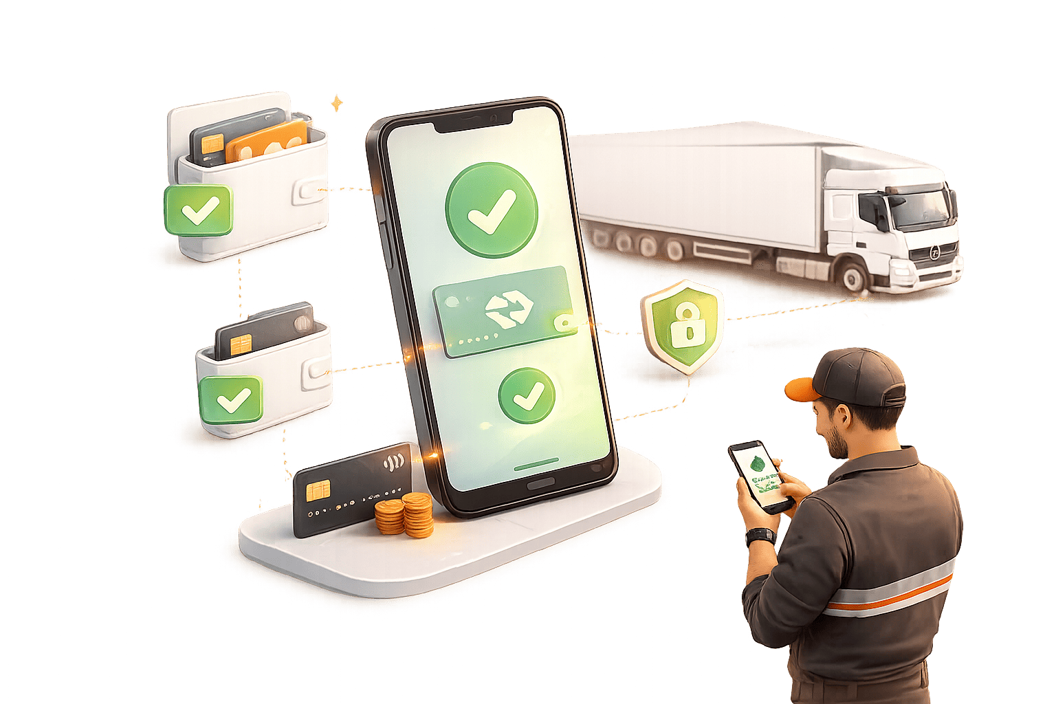 Ilustração isométrica de pagamento eletrônico de frete com motorista utilizando smartphone, caminhão de carga e elementos visuais de confirmação e segurança digital.
